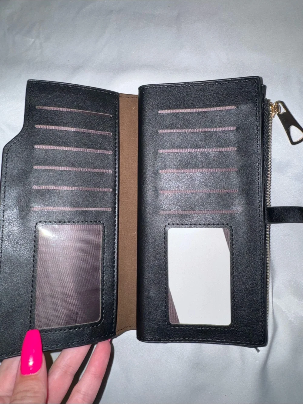 Classic Black Leather Zip Wallet with Gold Accent